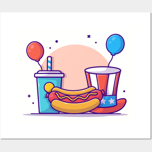 Tasty Hotdog with USA Independence Day Flag Soda, Hat and Balloon Cartoon Vector Icon Illustration Posters and Art